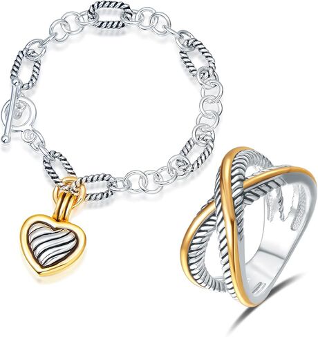 UNY JEWEL Two Tone X Cross Designer Inspired Twisted Cable Wire Ring Heart Link Bracelets Women Fashion Jewelry Christmas Gifts Size 7 in Saudi Arabia