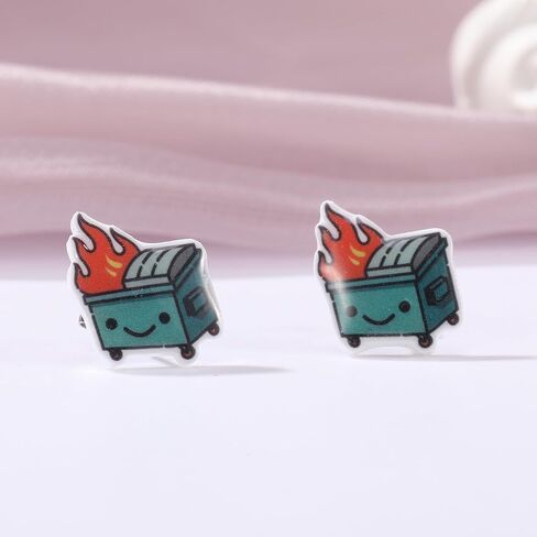 سلة المهملات النار أقراط مضحك ميمي القمامة حرق اللهب الأذن مسمار لطيف الكرتون الملونة الاكريليك مسمار Kawaii أقراط هيبوالرجينيك الفولاذ المقاوم للصدأ مجوهرات هدية عيد ميلاد للنساء الفتيات (قمامة النار أقراط) in Kuwait