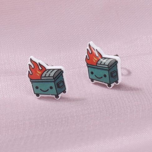 سلة المهملات النار أقراط مضحك ميمي القمامة حرق اللهب الأذن مسمار لطيف الكرتون الملونة الاكريليك مسمار Kawaii أقراط هيبوالرجينيك الفولاذ المقاوم للصدأ مجوهرات هدية عيد ميلاد للنساء الفتيات (قمامة النار أقراط) in Kuwait