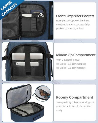 حقيبة ظهر Hynes Eagle للسفر سعة 40 لترًا معتمدة من الطيران حقيبة ظهر للرجال بمقصورة كبيرة لعطلة نهاية الأسبوع للكمبيوتر المحمول للنساء مقاس 15.6 بوصة باللون الأزرق والأسود in Kuwait