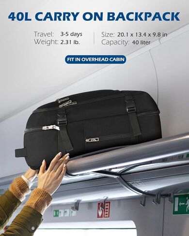 حقيبة ظهر Hynes Eagle للسفر سعة 40 لترًا معتمدة من الطيران حقيبة ظهر للرجال بمقصورة كبيرة لعطلة نهاية الأسبوع للكمبيوتر المحمول للنساء مقاس 15.6 بوصة باللون الأزرق والأسود in Kuwait