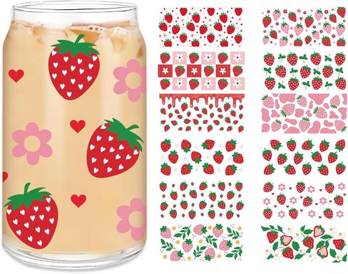 12 قطعة من ملصقات النقل على شكل بقرة فراولة من Whaline، ملصقات نقل باللون الوردي والأحمر على شكل مربعات وزهرة فراولة مقاومة للماء، ملصقات لأكواب زجاجية مصنوعة يدويًا in Kuwait