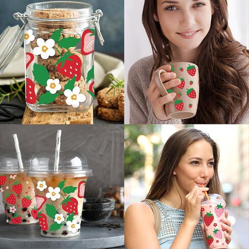 12 قطعة من ملصقات النقل على شكل بقرة فراولة من Whaline، ملصقات نقل باللون الوردي والأحمر على شكل مربعات وزهرة فراولة مقاومة للماء، ملصقات لأكواب زجاجية مصنوعة يدويًا in Kuwait