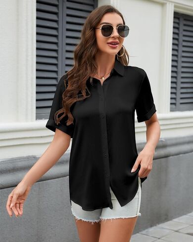 Women's Button Down Shirt Textured Chiffon Blouse Classic Collared Top Casual Work Office Blouse in Saudi Arabia