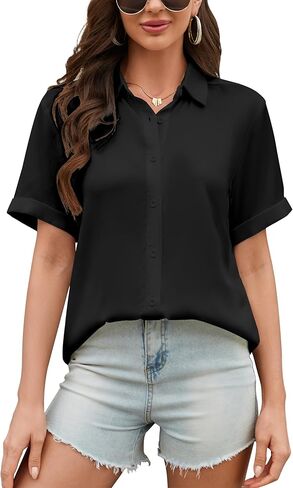 Women's Button Down Shirt Textured Chiffon Blouse Classic Collared Top Casual Work Office Blouse in Saudi Arabia
