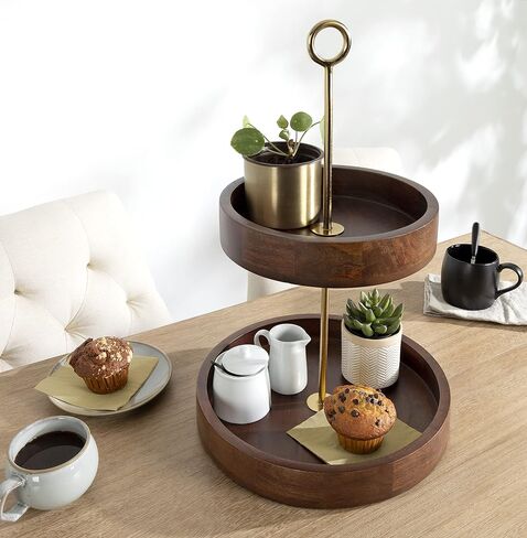 Kate and Laurel Lipton Modern Two Tier Tray, 13 x 13 x 20, Navy and Gold, Glam Decorative Tray in Saudi Arabia