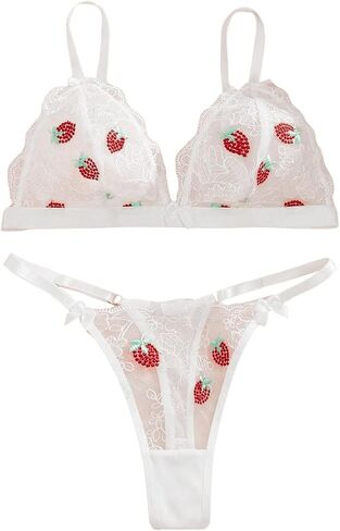 SweatyRocks Women's 2 Piece Lingerie Set Graphic Pattern Sheer Lace Bralette and Bow Decor Thong Nightwear Set in Saudi Arabia