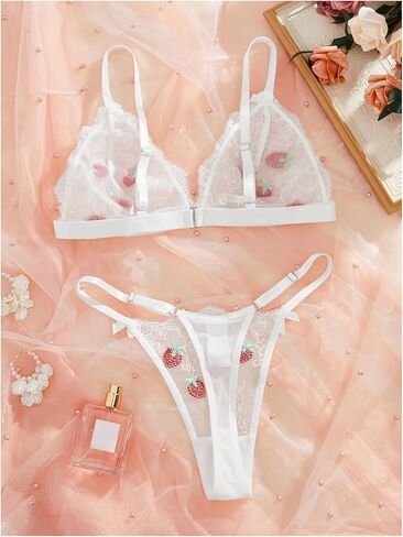 SweatyRocks Women's 2 Piece Lingerie Set Graphic Pattern Sheer Lace Bralette and Bow Decor Thong Nightwear Set in Saudi Arabia