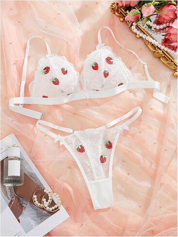 SweatyRocks Women's 2 Piece Lingerie Set Graphic Pattern Sheer Lace Bralette and Bow Decor Thong Nightwear Set in Saudi Arabia