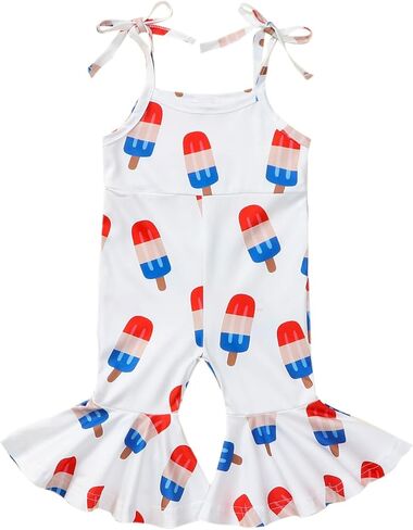 ملابس Gueuusu للفتيات الصغيرات في الرابع من يوليو، جمبسوت بحمالات العلم الأمريكي/النجمة، ملابس سفلية على شكل جرس رسن، ملابس صيفية ليوم الذكرى in Kuwait