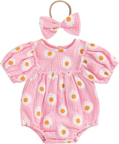 Newborn Baby Girl Romper Clothes Set Daisy Puff Sleeve Bodysuit + Bowknot Headband Infant Girl Summer Outfits in Saudi Arabia