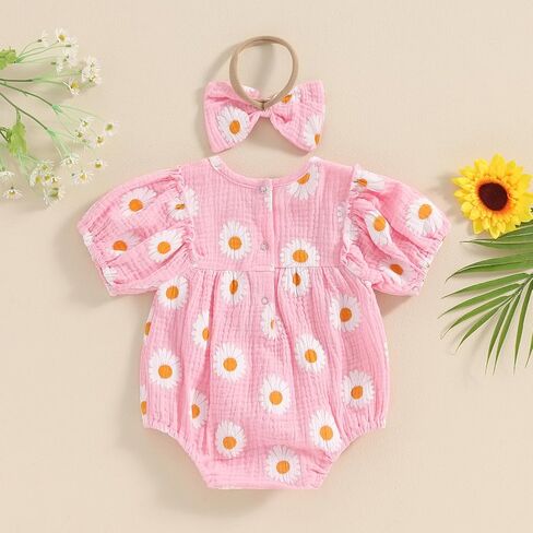 Newborn Baby Girl Romper Clothes Set Daisy Puff Sleeve Bodysuit + Bowknot Headband Infant Girl Summer Outfits in Saudi Arabia