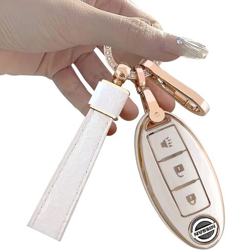 for Nissan Key fob Cover Two different materials keychain Accessories 5 colors TPU key Cover for Nissan 3/4/5 Buttons Altima Maxima Rogue Armada Pathfinder Smart Key 。 (3 buttons. Silver trim! White!) in Saudi Arabia