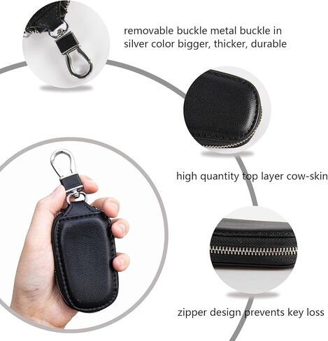 حافظة مفاتيح السيارة من Amiss، حافظة غطاء مفتاح فوب عالمية، واقي مفتاح فوب، سلسلة مفاتيح ذكية من الجلد الطبيعي للسيارة، حامل سلسلة مفاتيح معدنية وخطاف حلقة مفاتيح بسحاب لمفتاح التحكم عن بعد - أسود in Kuwait