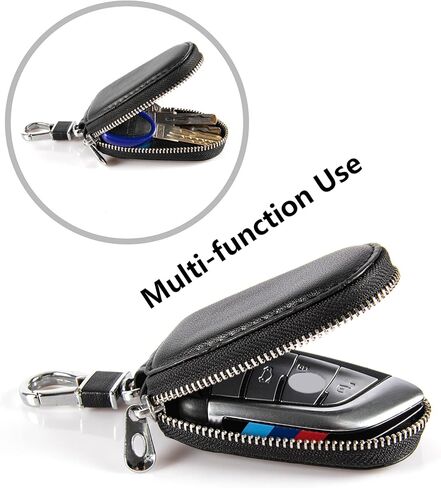 حافظة مفاتيح السيارة من Amiss، حافظة غطاء مفتاح فوب عالمية، واقي مفتاح فوب، سلسلة مفاتيح ذكية من الجلد الطبيعي للسيارة، حامل سلسلة مفاتيح معدنية وخطاف حلقة مفاتيح بسحاب لمفتاح التحكم عن بعد - أسود in Kuwait