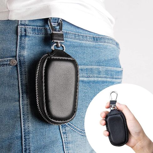 حافظة مفاتيح السيارة من Amiss، حافظة غطاء مفتاح فوب عالمية، واقي مفتاح فوب، سلسلة مفاتيح ذكية من الجلد الطبيعي للسيارة، حامل سلسلة مفاتيح معدنية وخطاف حلقة مفاتيح بسحاب لمفتاح التحكم عن بعد - أسود in Kuwait