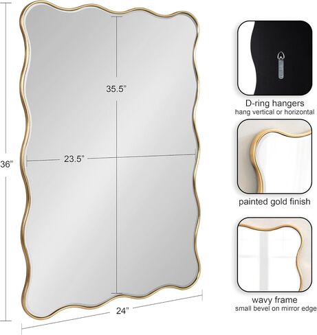 Kate and Laurel Viona Modern Scalloped Rectangle Mirror, 24 x 36, Gold, Decorative Wavy Mirror with Unique Rippled Edge and a Glamorous Gold Finish in Saudi Arabia