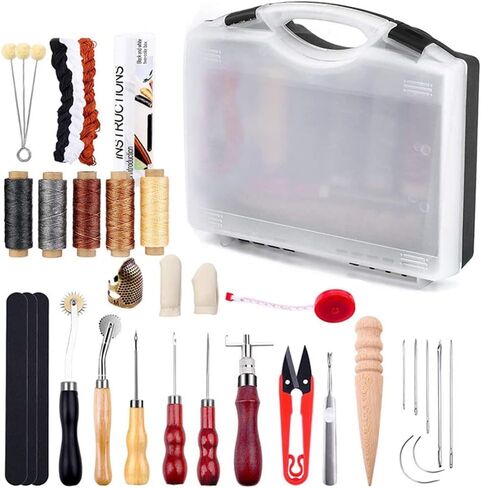 أدوات عمل جلدية من Okared، مجموعة حرفية جلدية، أدوات خياطة جلدية مع حقيبة تخزين، ثقب خيط مشمع لخياطة اللكم، خياطة الجلود وصناعة الحرف اليدوية in Kuwait