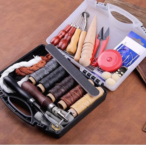 أدوات عمل جلدية من Okared، مجموعة حرفية جلدية، أدوات خياطة جلدية مع حقيبة تخزين، ثقب خيط مشمع لخياطة اللكم، خياطة الجلود وصناعة الحرف اليدوية in Kuwait