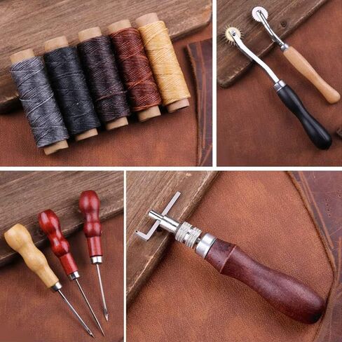 أدوات عمل جلدية من Okared، مجموعة حرفية جلدية، أدوات خياطة جلدية مع حقيبة تخزين، ثقب خيط مشمع لخياطة اللكم، خياطة الجلود وصناعة الحرف اليدوية in Kuwait