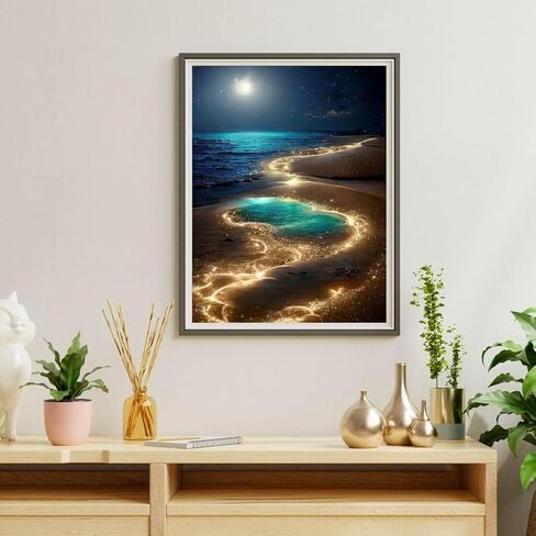 Ausanrl Beach Diamond Art Kits للبالغين - Moonlight Beach 5D الماس الفن مجموعات الرسم للبالغين المبتدئين، مجموعات الفن جوهرة القمر للبالغين، هدية ديكور جدار المنزل 12x16inch in Kuwait