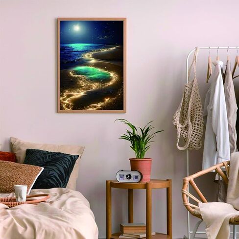 Ausanrl Beach Diamond Art Kits للبالغين - Moonlight Beach 5D الماس الفن مجموعات الرسم للبالغين المبتدئين، مجموعات الفن جوهرة القمر للبالغين، هدية ديكور جدار المنزل 12x16inch in Kuwait