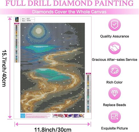 Ausanrl Beach Diamond Art Kits للبالغين - Moonlight Beach 5D الماس الفن مجموعات الرسم للبالغين المبتدئين، مجموعات الفن جوهرة القمر للبالغين، هدية ديكور جدار المنزل 12x16inch in Kuwait