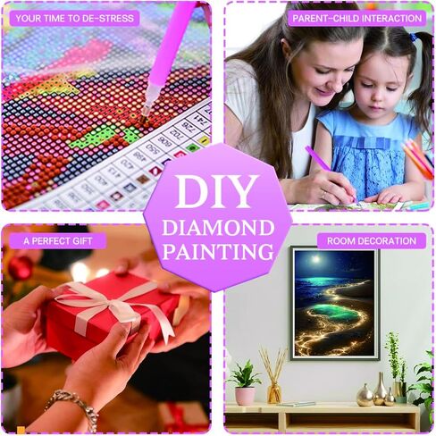 Ausanrl Beach Diamond Art Kits للبالغين - Moonlight Beach 5D الماس الفن مجموعات الرسم للبالغين المبتدئين، مجموعات الفن جوهرة القمر للبالغين، هدية ديكور جدار المنزل 12x16inch in Kuwait