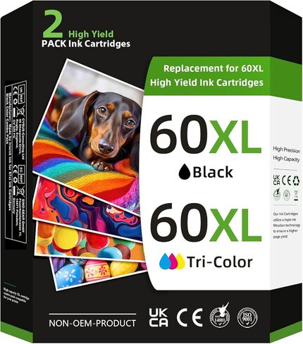 خرطوشة حبر 60XL لحبر HP 60 60XL حزمة كومبو باللون الأسود واللون حبر طابعة عالي الإنتاجية 60 60XL مناسبة لـ PhotoSmart C4780 C4680 C4795 C4640 لـ Deskjet F4480 F4440 F2430 Envy 110 120 111 114 (عبوتان) in Kuwait