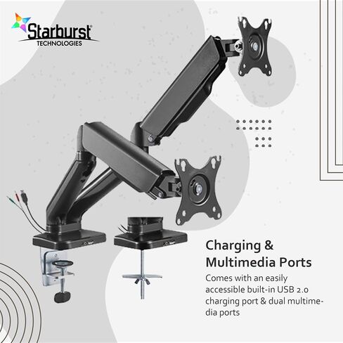 Flexion Black Series Adjustable Dual Monitor Desk Top Stand with Dual USB 2.0 Charging Ports is Compatible with Standard or Curved Monitors up to 32" in Saudi Arabia