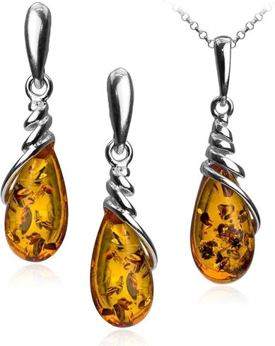 Amber Sterling Silver Drop Dangle Earrings Pendant Necklace 18 Inches in Saudi Arabia