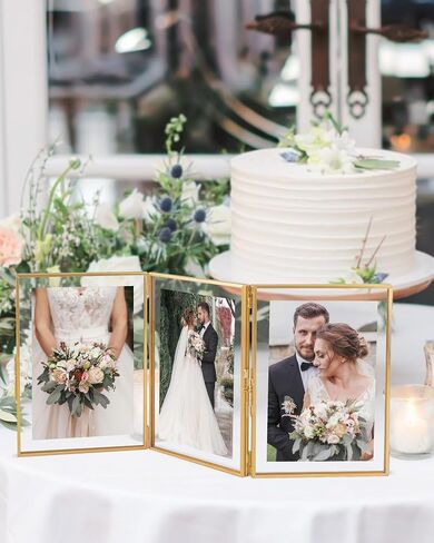 Gold 4x6 Triple Picture Frame, Gold Folding Picture Frames with Three Opening, Hinged Glass Floating Picture Frames for Artwork Photo Stand on Tabletop in Saudi Arabia
