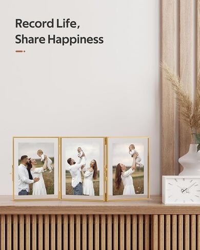 Gold 4x6 Triple Picture Frame, Gold Folding Picture Frames with Three Opening, Hinged Glass Floating Picture Frames for Artwork Photo Stand on Tabletop in Saudi Arabia