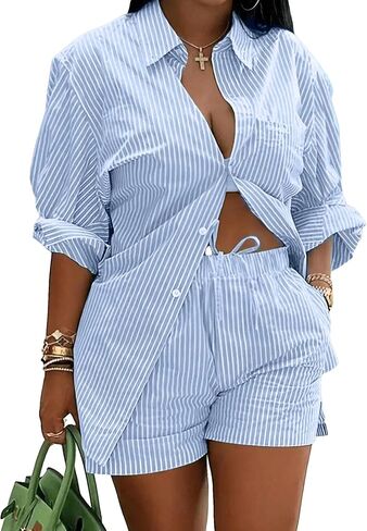 Floerns Women's Plus Size 2 Piece Outfit Striped Print Shirt Top and Shorts Set in Saudi Arabia