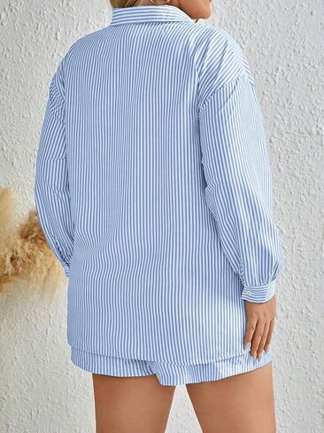 Floerns Women's Plus Size 2 Piece Outfit Striped Print Shirt Top and Shorts Set in Saudi Arabia