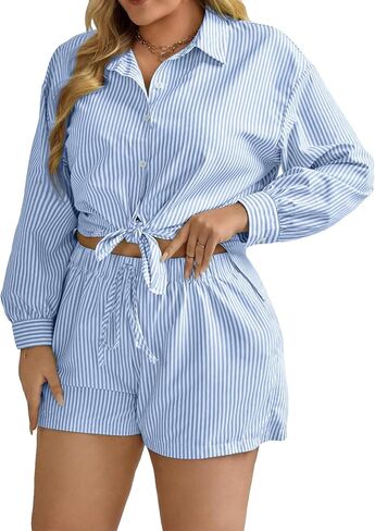 Floerns Women's Plus Size 2 Piece Outfit Striped Print Shirt Top and Shorts Set in Saudi Arabia