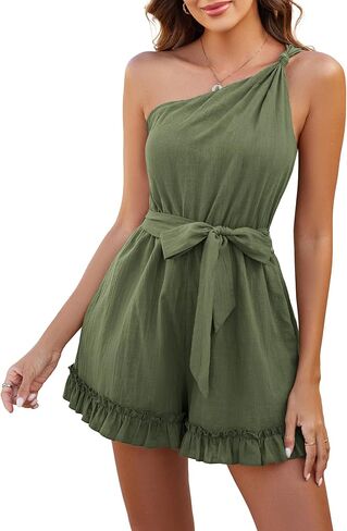 Zexxxy Women's One Shoulder Off Rompers Cotton Linen Short Casual Jumpsuits Loose Pants Summer Vacation Beach in Saudi Arabia