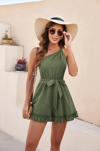 Zexxxy Women's One Shoulder Off Rompers Cotton Linen Short Casual Jumpsuits Loose Pants Summer Vacation Beach in Saudi Arabia