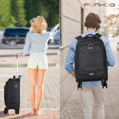 حقيبة ظهر متدحرجة - حقيبة ظهر للكمبيوتر المحمول مقاس 17 بوصة مع عجلات معتمدة للسفر وحقائب ظهر من النايلون 1680D قابلة للإزالة للرجال والنساء مناسبة للسفر والعمل والكلية التجارية in Kuwait