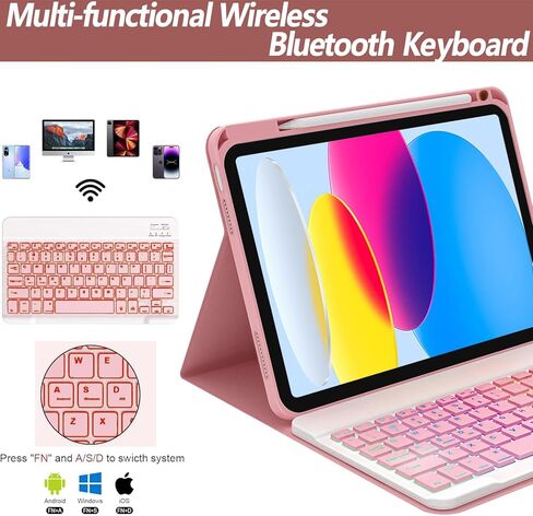 حافظة آيباد الجيل العاشر مع لوحة مفاتيح 2022 مقاس 10.9 بوصة - 7 ألوان بإضاءة خلفية، لوحة مفاتيح بلوتوث لاسلكية قابلة للفصل - غطاء فوليو ذكي مع حامل أقلام - حافظة لوحة مفاتيح آيباد الجيل العاشر، ذهبي وردي in Kuwait