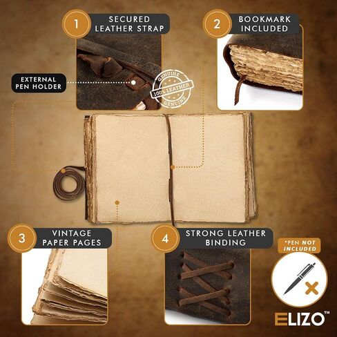 Vintage Leather Journal Notebook Antique Vintage Paper - Handmade Leather Bound Journal for Men Women Deckled Edge Paper Writing Drawing – Small Book of Shadows Brown Pocket Journal Diary Travel ELIZO in Saudi Arabia