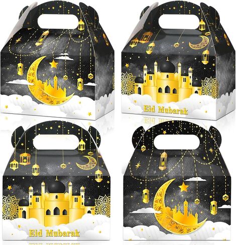 Eersida 30 Pack Ramadan Treat Boxes Eid Mubarak Gift Boxes with Handle Ribbon Bulk Eid Mubarak Star Moon Castle Lantern Eid Gift Wrap Boxes Candy Box for Muslim Ramadan Party (Black,Moon) in Saudi Arabia