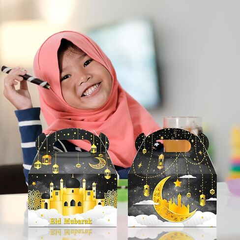 Eersida 30 Pack Ramadan Treat Boxes Eid Mubarak Gift Boxes with Handle Ribbon Bulk Eid Mubarak Star Moon Castle Lantern Eid Gift Wrap Boxes Candy Box for Muslim Ramadan Party (Black,Moon) in Saudi Arabia