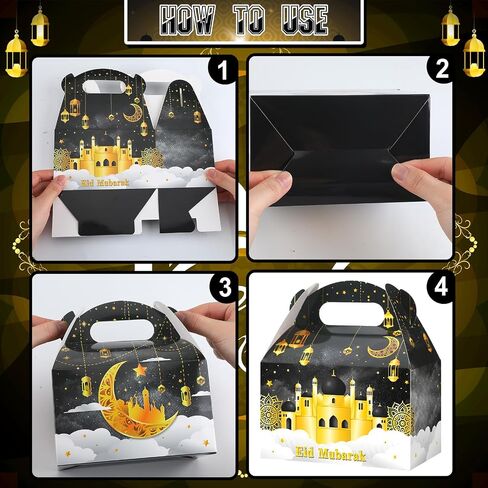 Eersida 30 Pack Ramadan Treat Boxes Eid Mubarak Gift Boxes with Handle Ribbon Bulk Eid Mubarak Star Moon Castle Lantern Eid Gift Wrap Boxes Candy Box for Muslim Ramadan Party (Black,Moon) in Saudi Arabia