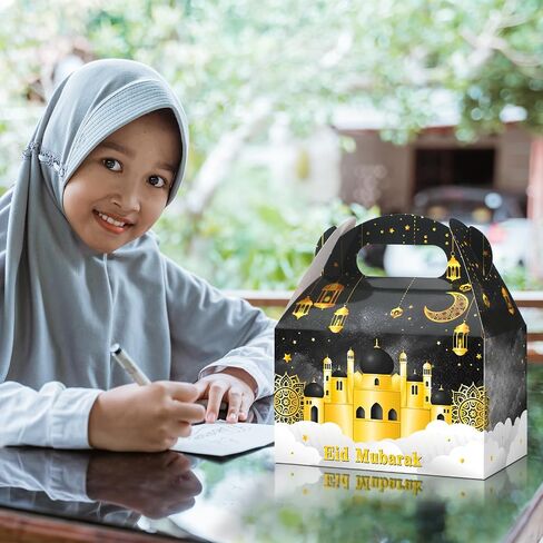 Eersida 30 Pack Ramadan Treat Boxes Eid Mubarak Gift Boxes with Handle Ribbon Bulk Eid Mubarak Star Moon Castle Lantern Eid Gift Wrap Boxes Candy Box for Muslim Ramadan Party (Black,Moon) in Saudi Arabia