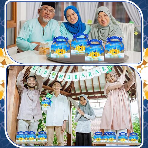 Eersida 30 عبوة من صناديق هدايا رمضان عيد مبارك مع مقبض وشريط كبير عيد مبارك نجمة القمر وقلعة فانوس العيد وصناديق تغليف هدايا عيد الميلاد لحفلة رمضان المسلمة (أسود، قمر) in Saudi Arabia