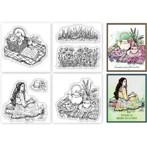 GLOBLELAND 4Pcs Mini Camping Woman Clear Stamps for DIY Scrapbooking Spring Picnic Silicone Stamp Seals Transparent Stamps for Cards Making Photo Album Journal Home Decoration 2.2x2.2inch