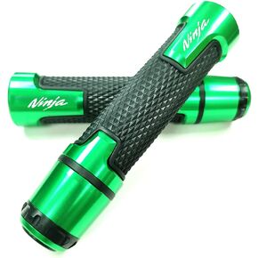 Green Aluminum Motorcycle 22mm Engraved Handle Bar Rubber Gel Hand Grips CNC With Bar End 7/8" Compatible with Kawasaki Ninja 300 400 650 250 1000 ZX6R ZX10R ZX12R ZX14R 650R 250R