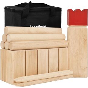 لعبة Kubb Yard في الهواء الطلق في الفناء الخلفي في الحديقة على الشاطئ، مجموعة ممتازة للأطفال والكبار من لعبة الفايكنج المصنوعة من الخشب الصلب، لعبة عائلية مع حقيبة حمل
