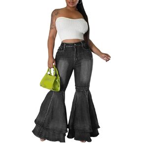 SEMATOMALA Women's Ruffle Bell Bottom Jeans Flared Leg Denim Pants High Waisted 70s Classic Retro Outfits